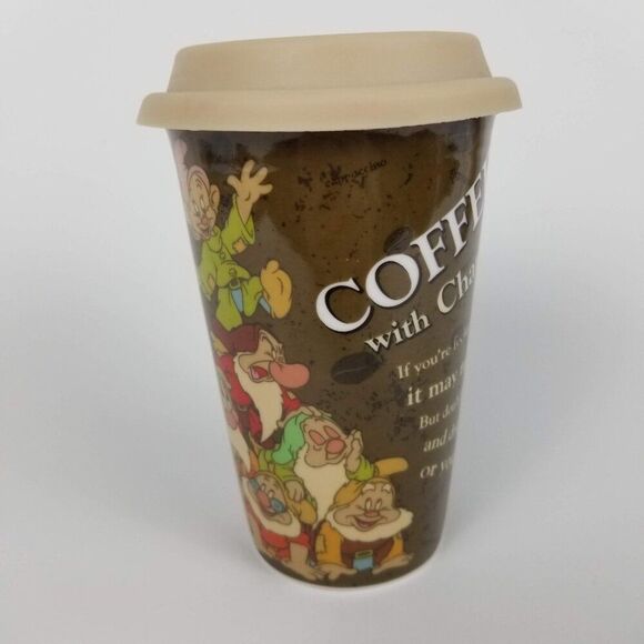 Disney Snow White Travel Coffee Mug Cup Tumbler Grumpy Dopey Dwarf Ceramic w Lid - Picture 5 of 9
